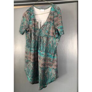 Halife Blue Paisley V-Neck Pullover Short Sleeve Top Blouse Womens Size M